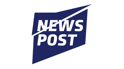 Blue rhomboid with the words 'NEWS POST' in capitol letters and the distinctive BF slash motif passing through it.