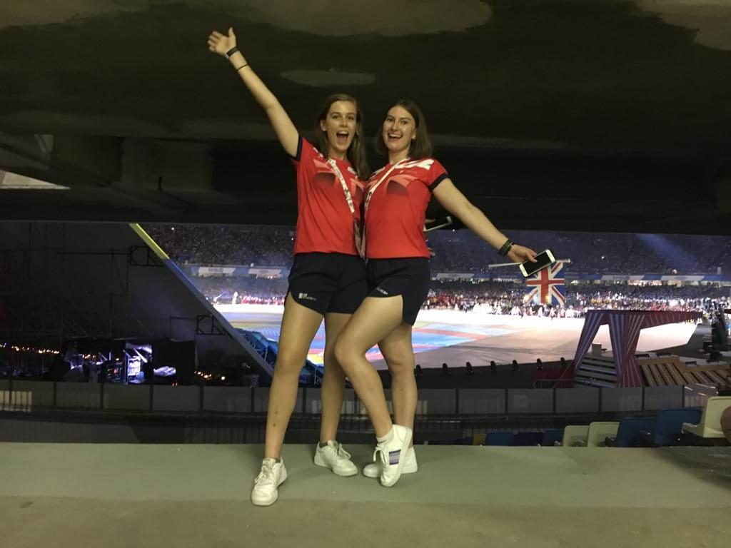 two female happy gb fencers opening ceremony stadium 