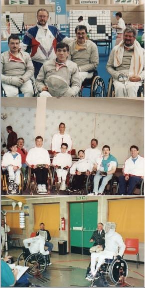 David Heaton wheelchair fencer with group of fencers