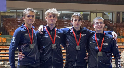 Junior Mens Epee silver medal on the podium