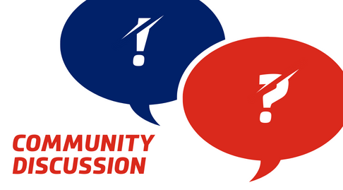 The words community discussion in red are at the the bottom left corner of this image, there are two speech bubble dominating the space, one blue with an exclamation mark, the other red with a question mark, both have the British Fencing signature slashes through them.