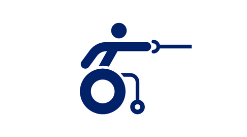 White background with a dark blue stick figure of a wheelchair users with a sword in thier hand pointed to the right of the image, striking a dynamic pose