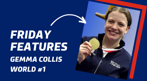 Friday Features series: Gemma Collis smiling and holding a gold medal within a blue box with the friday features text