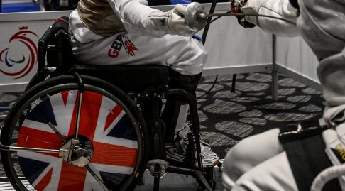 GBR flag on wheel of fencer's wheelchair