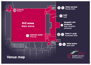 This map shows where the entrance, toilets, cafe and other spectator areas are