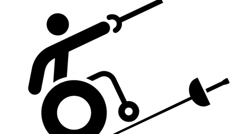 Wheelchair fencer icon situated above a sword icon on an angle indicating a ramp