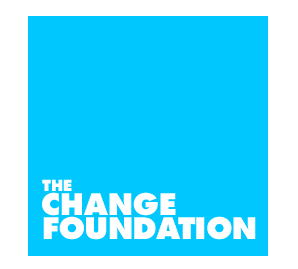 The Change Foundation logo, their name in white on a bright blue square background
