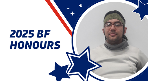 A blue-white-red graphic with a star motif. It says '2025 BF Honours' and features a photo of Alexander Scott.