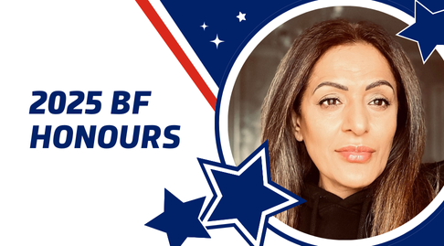 A blue-white-red graphic with a star motif. It says '2025 BF Honours' and features a photo of Akeela Mohammed.