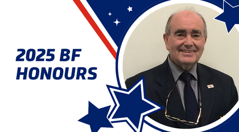 A white-blue-red graphic with a star motif. It says '2025 BF Honours' and features a photo of Mike Ellis smiling.