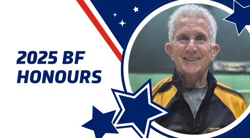 A white-blue-red graphic with a star motif. It says '2025 BF Honours' and features a photo of Malcolm Cawton.
