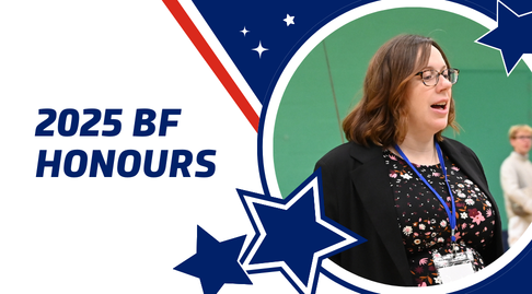 A white-blue-red graphic with a star motif. It says '2025 BF Honours' and features a photo of Jennifer Sancroft.