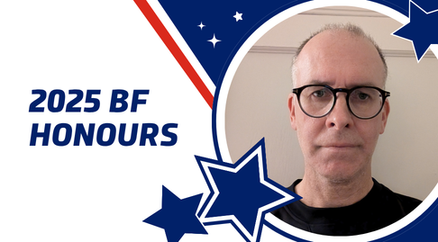 A white-blue-red graphic with a star motif. It says '2025 BF Honours' and features a photo of Robin Paterson.