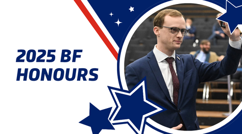 A white-blue-red graphic with a star motif. It says '2025 BF Honours' and features a photo of Luke Deamer refereeing.