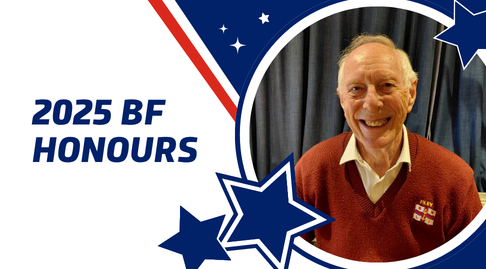 A white-blue-red graphic with a star motif. It says '2025 BF Honours' and features a photo of Richard Collins smiling.