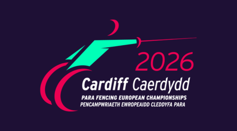 The Cardiff 2026 Para Fencing European Championships logo on a dark purple background.