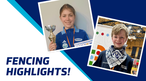 A navy-turquoise-white graphic that says 'fencing highlights!' and features two photos of young fencers smiling and holding up trophies