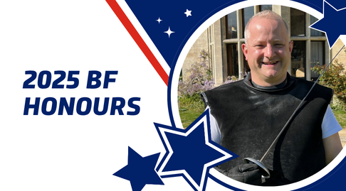 A white-blue-red graphic with a star motif. It says '2025 BF Honours' and features a photo of Neil Bromley smiling.