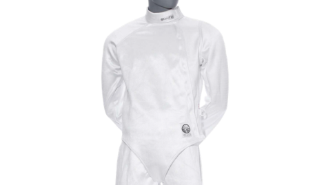 Mannequin wearing fencing jacket.