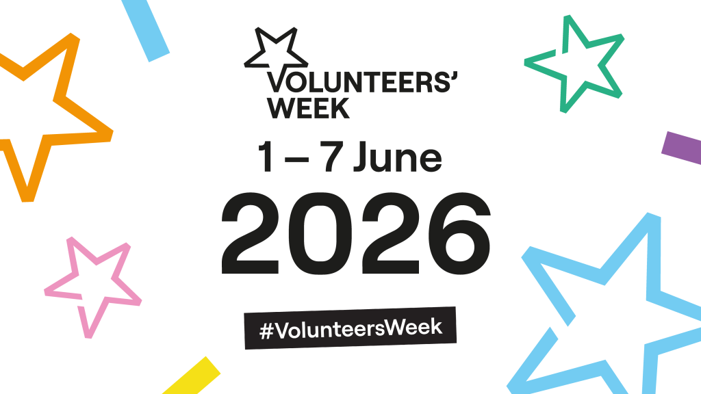 A white graphic with coloured stars. It says 'Volunteers' Week, 1-7 June 2026, #VolunteersWeek'