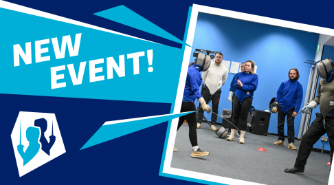 A navy-turquoise-white graphic that says 'new event!' and features a photo of people on a Core Coach course