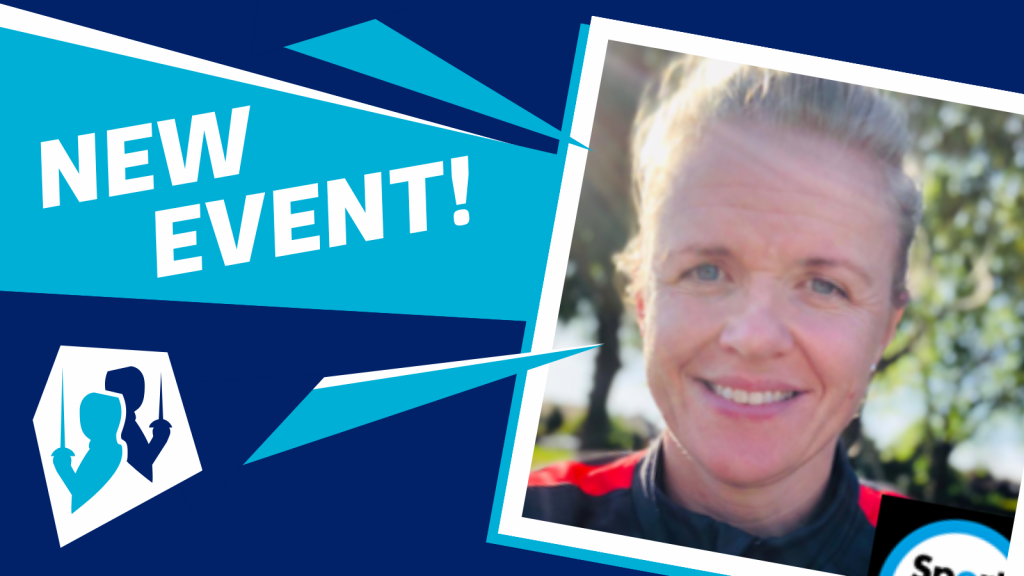 A navy-turquoise-white graphic that says 'new event!' and features a photo of Sarah Green