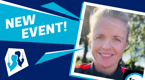 A navy-turquoise-white graphic that says 'new event!' and features a photo of Sarah Green