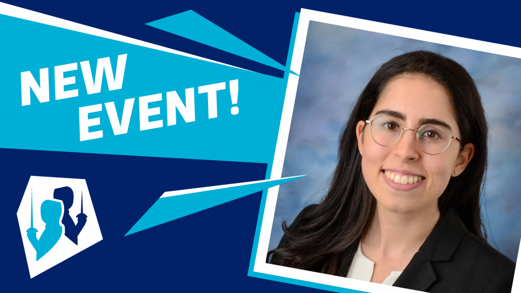 A navy-turquoise-white graphic that says 'new event!' and features a photo of Alex Silberzwieg