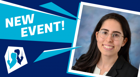 A navy-turquoise-white graphic that says 'new event!' and features a photo of Alex Silberzwieg
