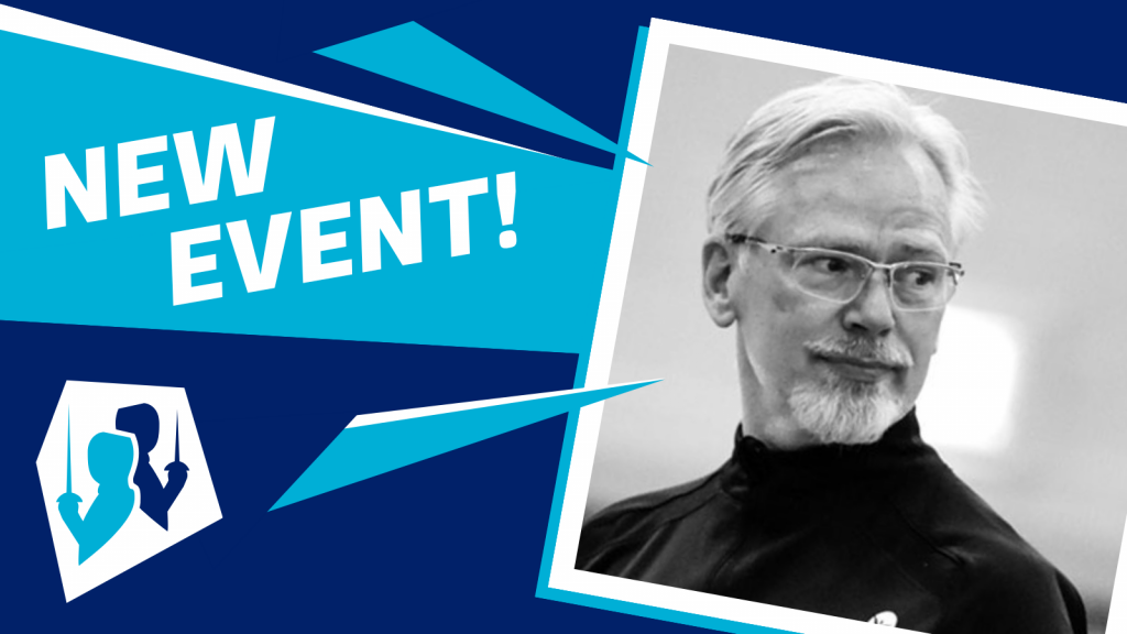 A navy-turquoise-white graphic that says 'new event!' and features a photo of Phil Carson