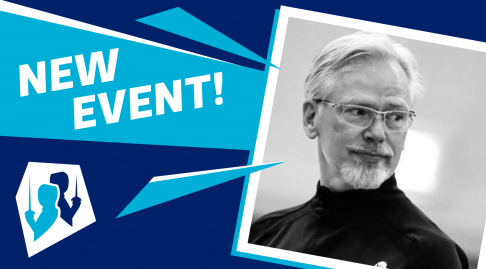 A navy-turquoise-white graphic that says 'new event!' and features a photo of Phil Carson